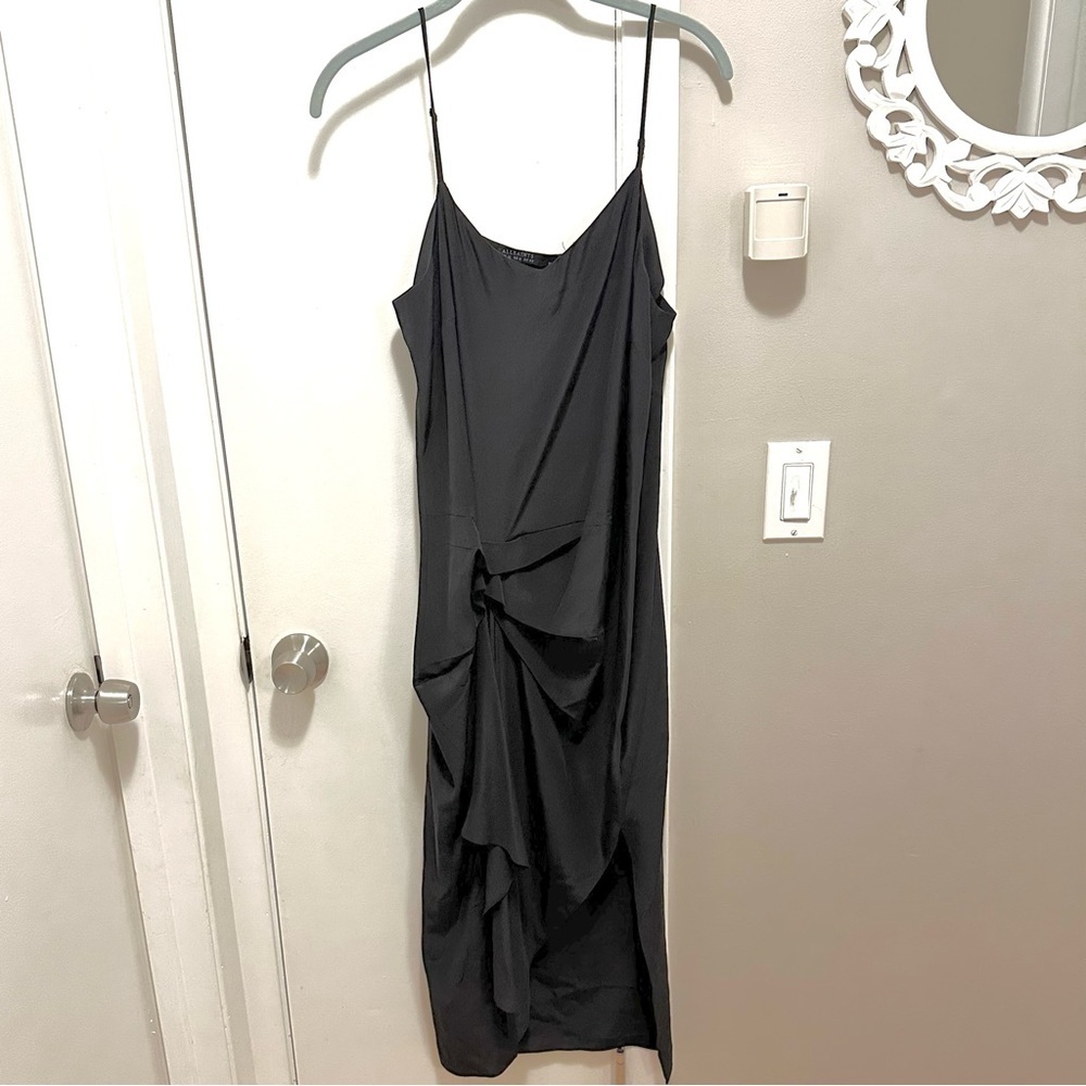 All Saints Viera 100% Silk Ruched Gathered Black Midi Slip Dress 8 AllSaints LBD